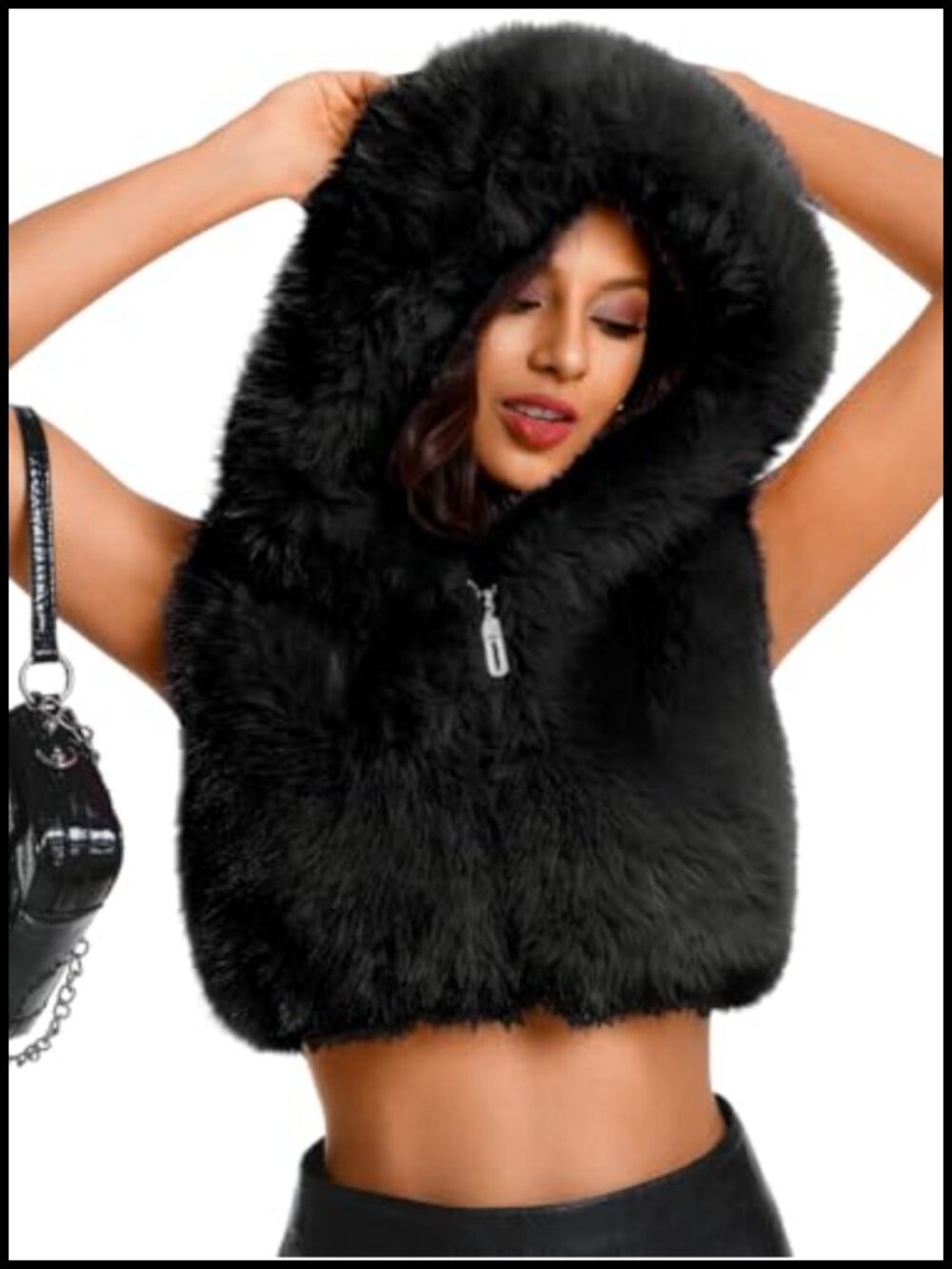 Cropped Faux Fur Hooded Vest Coat Sleeveless Rave Festival Layer